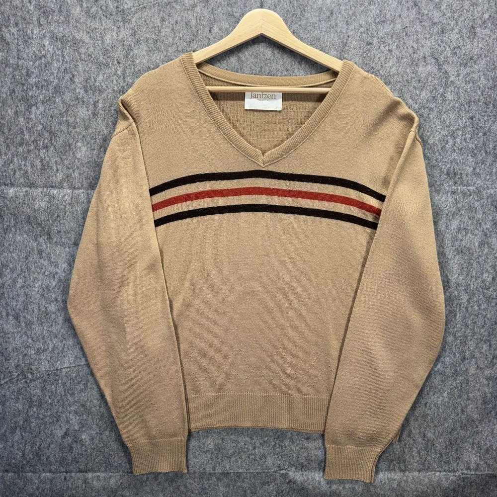 Jantzen V Neck Sweater Men's XL Striped Long Sleeve USA 70s Tan Mad Men Mod MCM